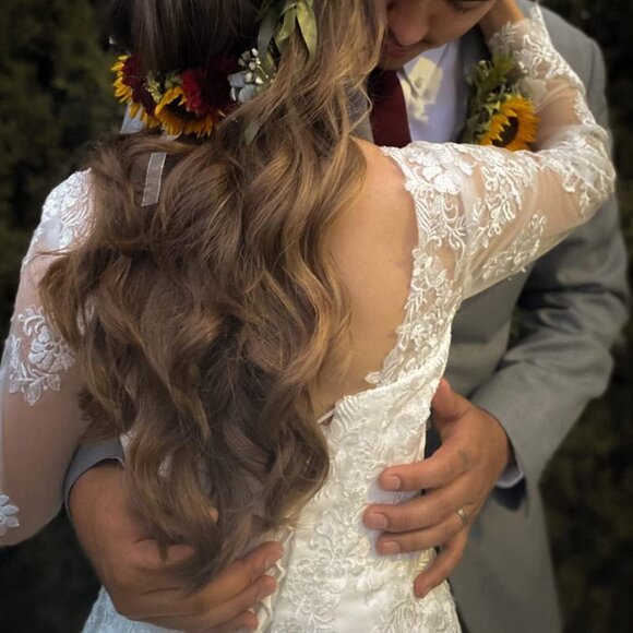 Lace Applique Chiffon A Line Wedding Dress for Bride with Long Sleeves - Picture 9 of 11